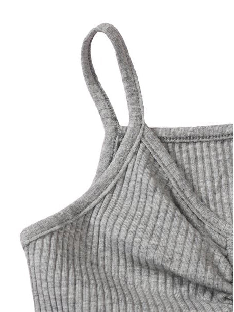 Next Summer Ribbed Spaghetti Strap V-Neck Drawstring Vest For Girls-Grey-RT724