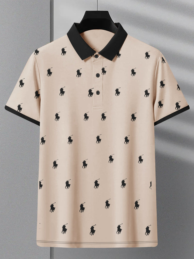 Summer Polo Shirt For Men-Peach with Allover Print-RT2334