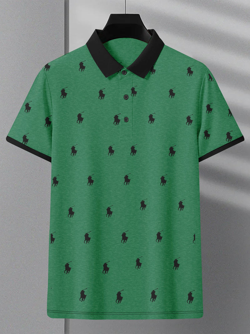 Summer Polo Shirt For Men-Green Melange with Allover Print-RT2340
