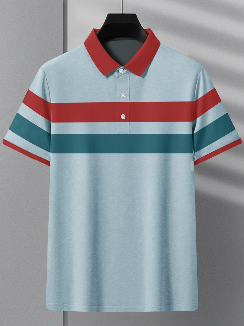Summer Polo Shirt For Men-Blue Melange with Red & Persian Blue Stripe-RT2339