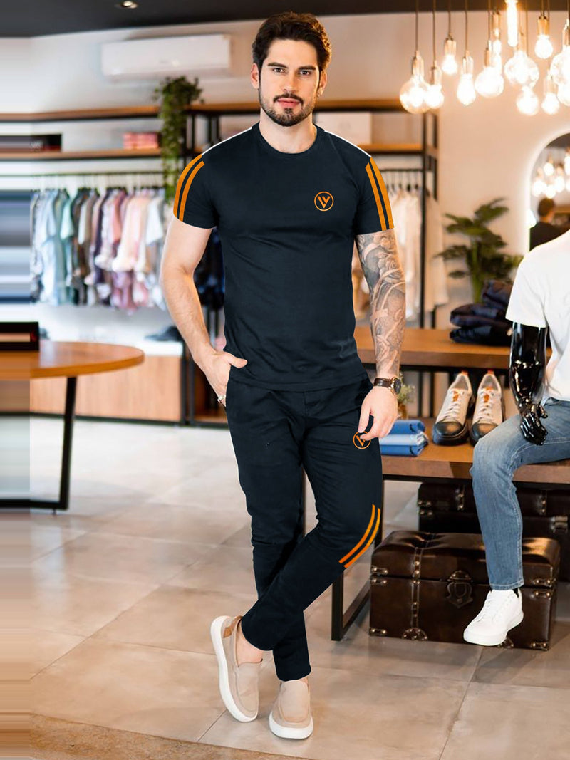 Louis Vicaci Summer Active Wear Tracksuit For Men-Navy with Orange & White Stripes-RT2500