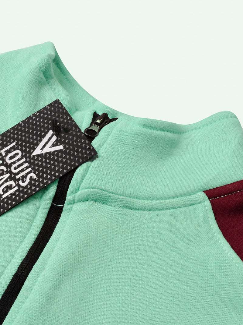 Louis Vicaci Fleece Zipper Tracksuit For Ladies-Light Green with Maroon Stripe-BR366