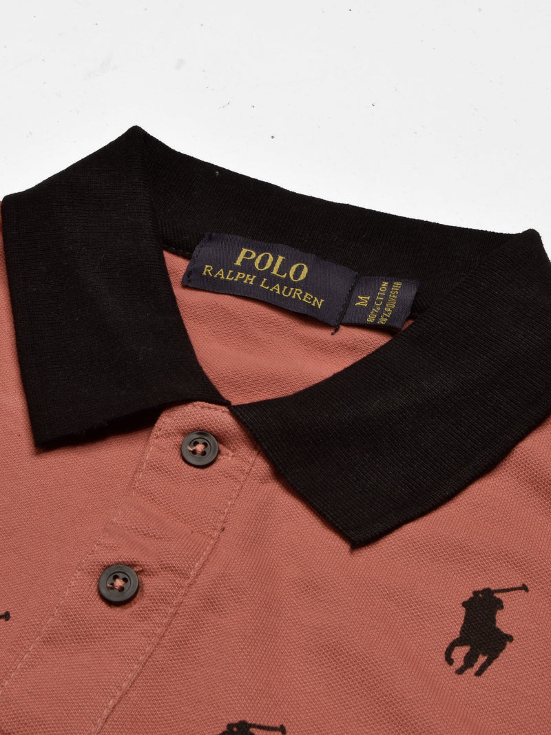 Summer Polo Shirt For Men-Coral Orange with Allover Print-RT2337