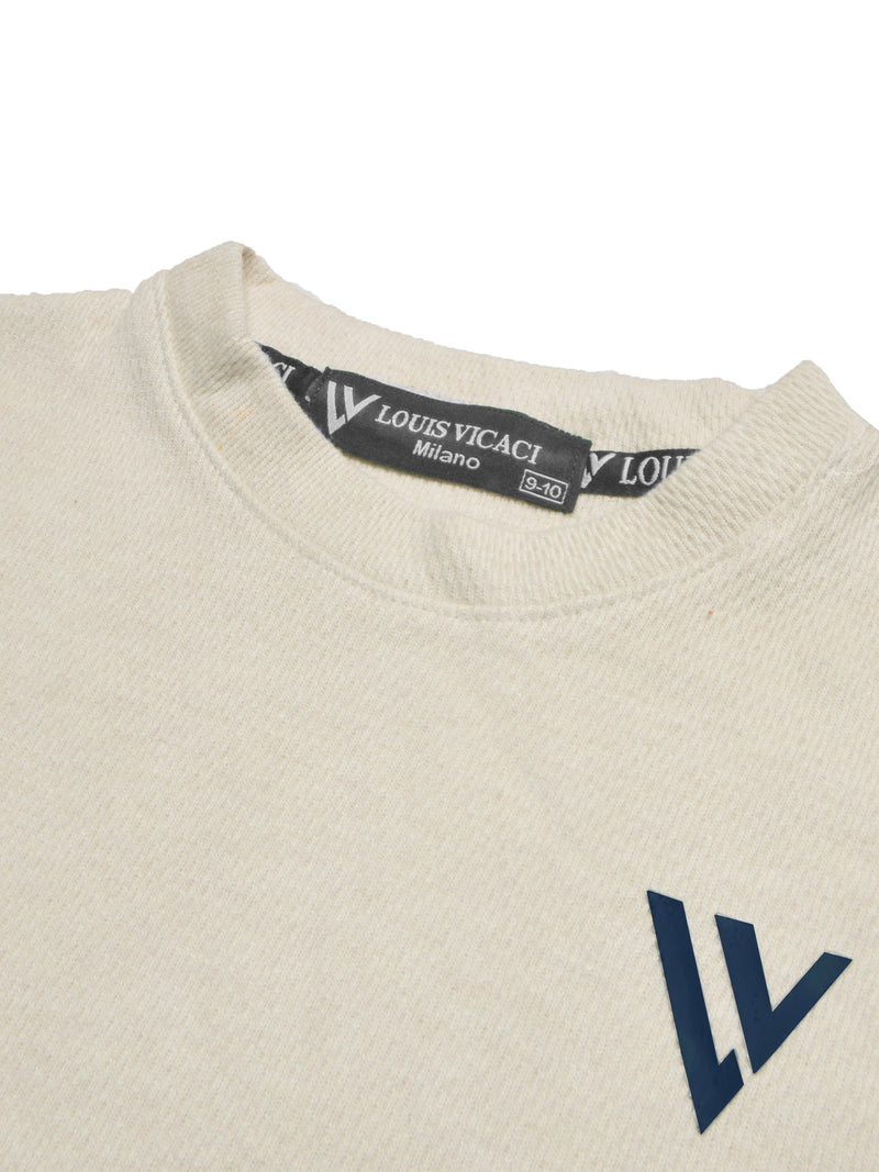 LV Crew Neck Long Sleeve Thermal Tee Shirt For Kids-Off White with Green & Light Grey-RT2421