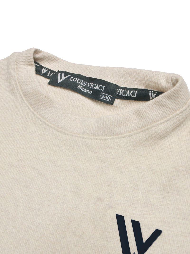 LV Crew Neck Long Sleeve Thermal Tee Shirt For Kids-Off White with Green & Grey-RT2420