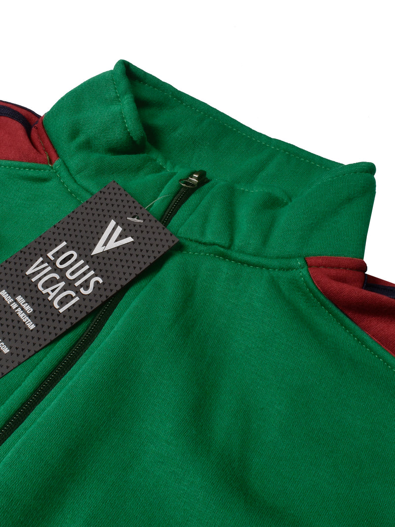 Louis Vicaci Fleece Zipper Tracksuit For Ladies-Green Melange with Black Stripe-BR266