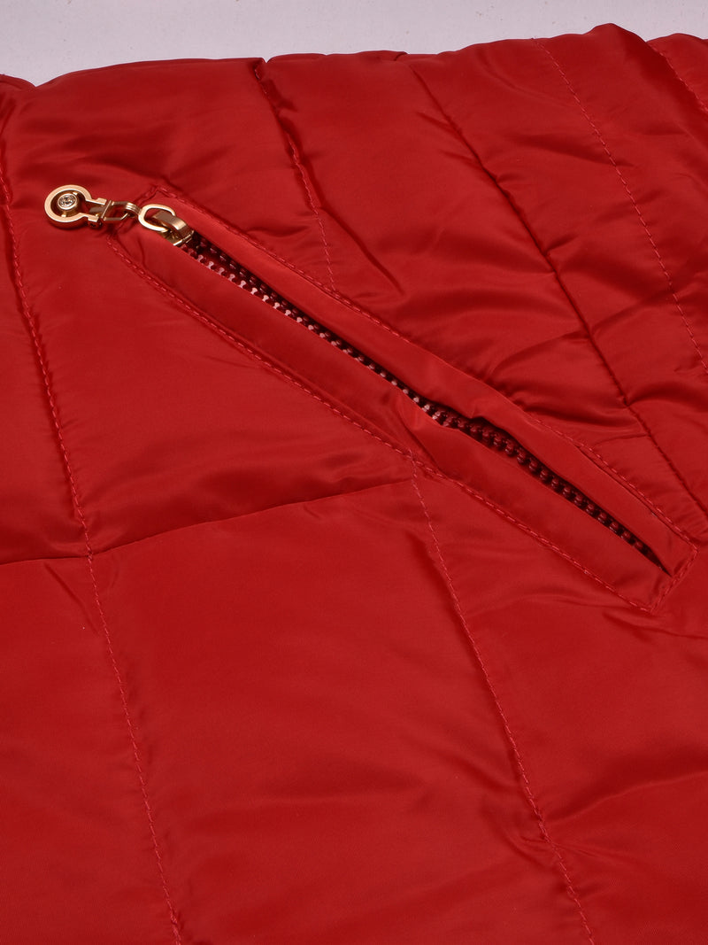 Cinched Waist Puffer Hoodie Jacket For Women-Red-BR201