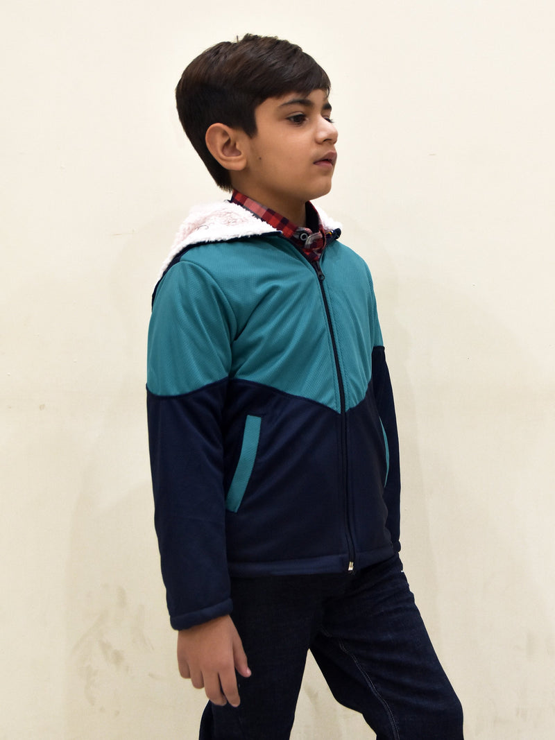 Mango Stylish Inner Fur Zipper Hoodie For Kids-Sea Green With Dark Navy-RT405