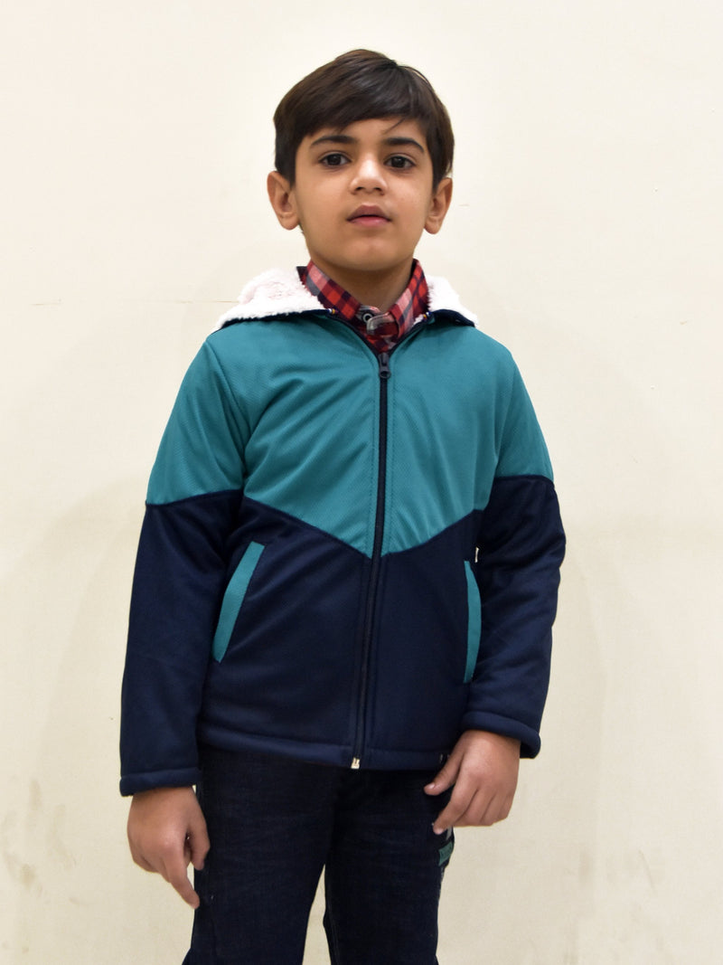 Mango Stylish Inner Fur Zipper Hoodie For Kids-Sea Green With Dark Navy-RT405