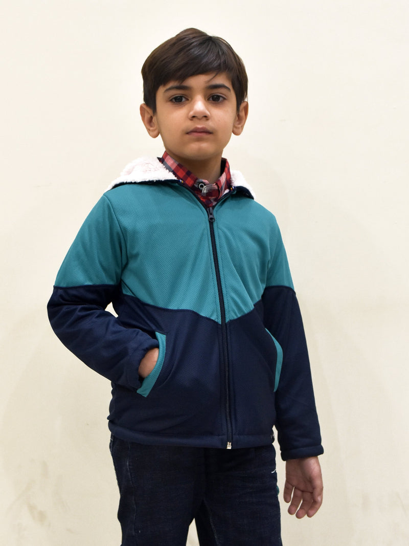 Mango Stylish Inner Fur Zipper Hoodie For Kids-Sea Green With Dark Navy-RT405