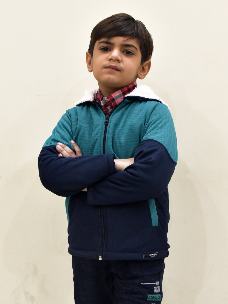 Mango Stylish Inner Fur Zipper Hoodie For Kids-Sea Green With Dark Navy-RT405