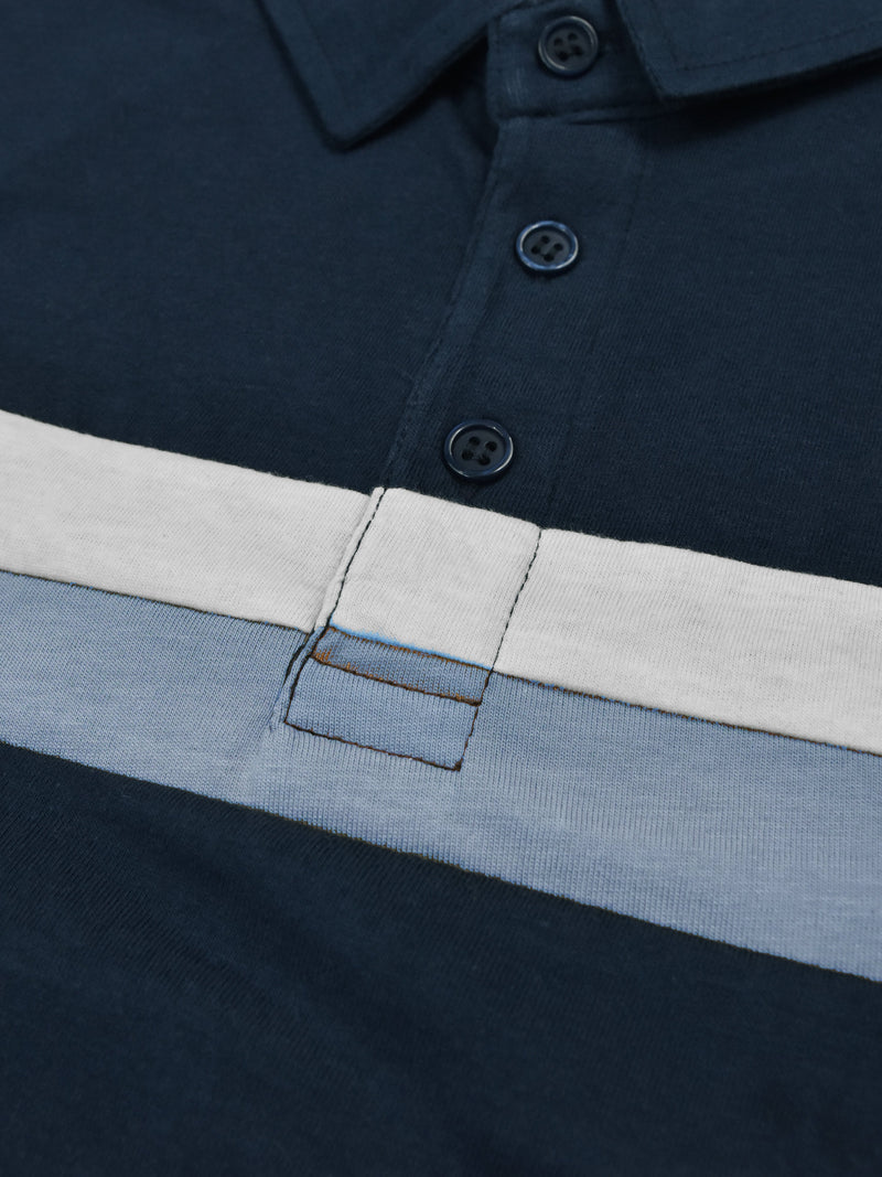 Summer Polo Shirt For Men-Dark Navy With White & Sky Stripe-RT2338