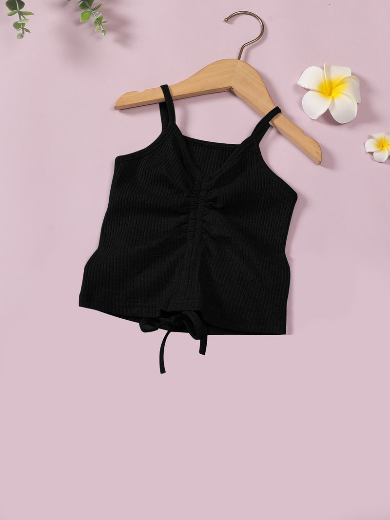 Next Summer Ribbed Spaghetti Strap V-Neck Drawstring Vest For Girls-Black-RT725