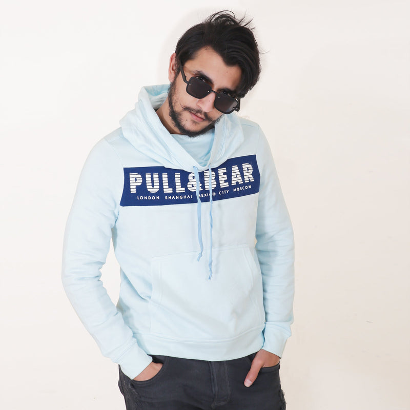 P&B Fleece Pullover Hoodie For Men-Light Sky with Navy Panel-BE13264