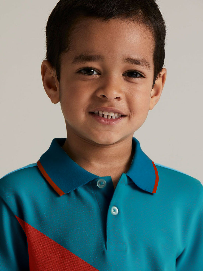 Champion Single Jersey Polo Shirt For Kids-Navy with Peach & Dark Cyan Blue Panels-BE14667