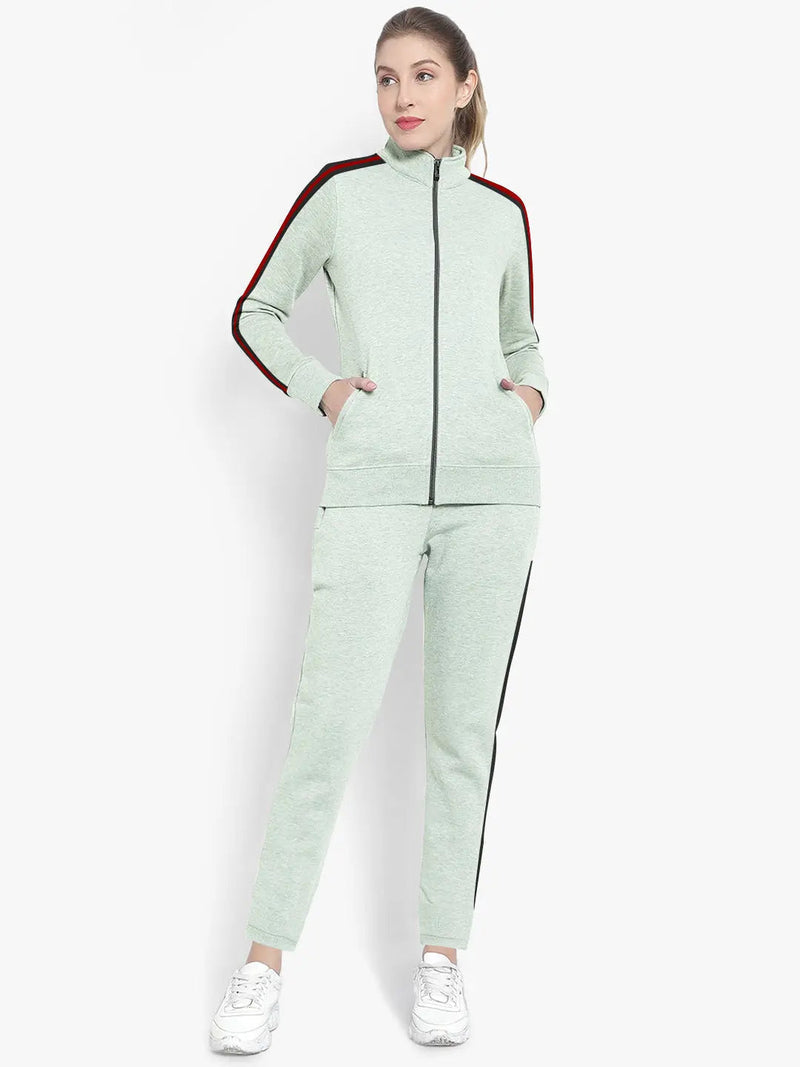 Louis Vicaci Fleece Zipper Tracksuit For Ladies Green Melange with Black Stripe-RT2121