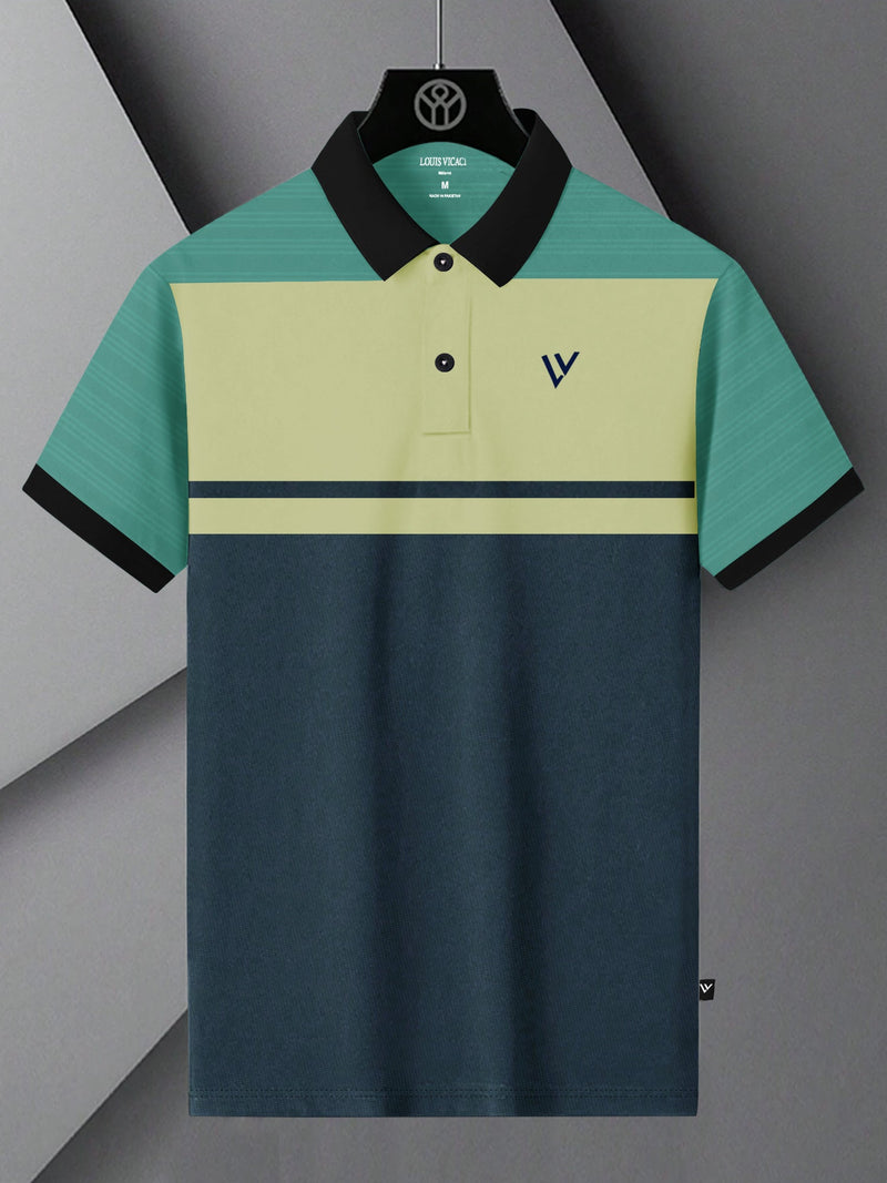 Summer Polo Shirt For Men-Navy Melange with Yellow & Cyan Green-RT2384