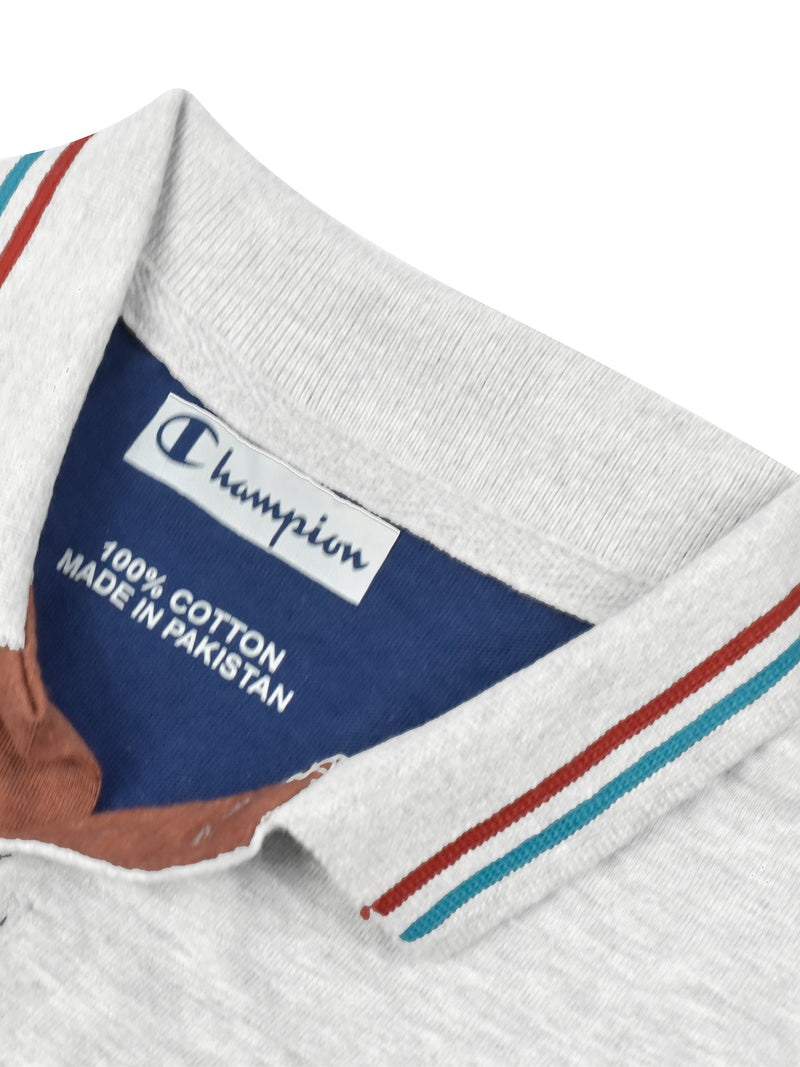 Champion Single Jersey Polo Shirt For Kids-Grey Melange with Brown & Blue Panels-RT889