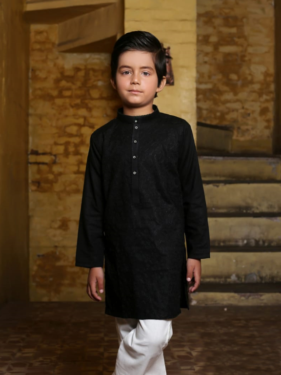 Stitched Kurta For Kids-Black Allover Textured-VL0043