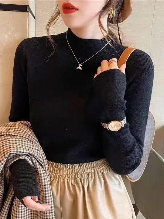 Full Fashion Wool High Neck Sweatshirt For Women-Black-BE378/BR1147