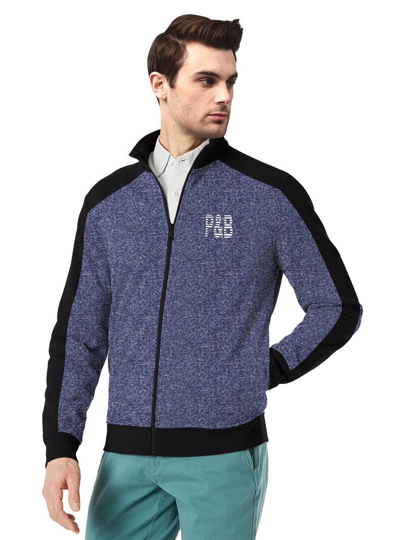 P&B Zipper Mock Neck Jacket For Men-Blue Melange & Black-BE16502