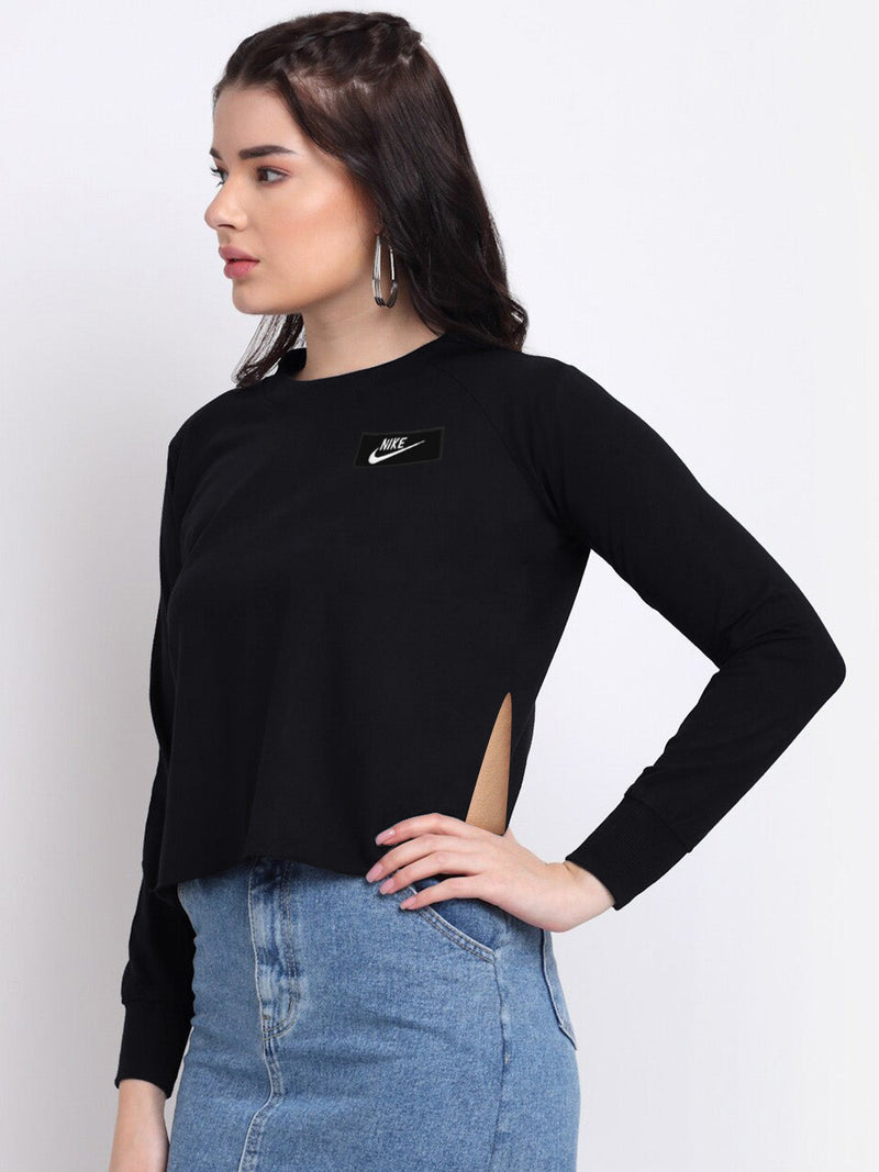 NK Terry Fleece Raglan Sleeve Crop Sweatshirt For Women-Black-RT2160