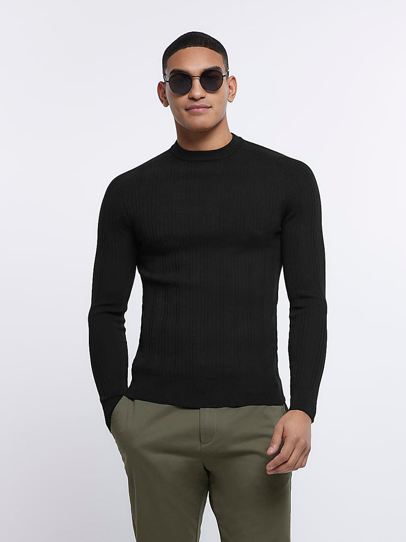 River Island Crew Neck Allover Ribbed Sweatshirt For Men-Black-RT2268