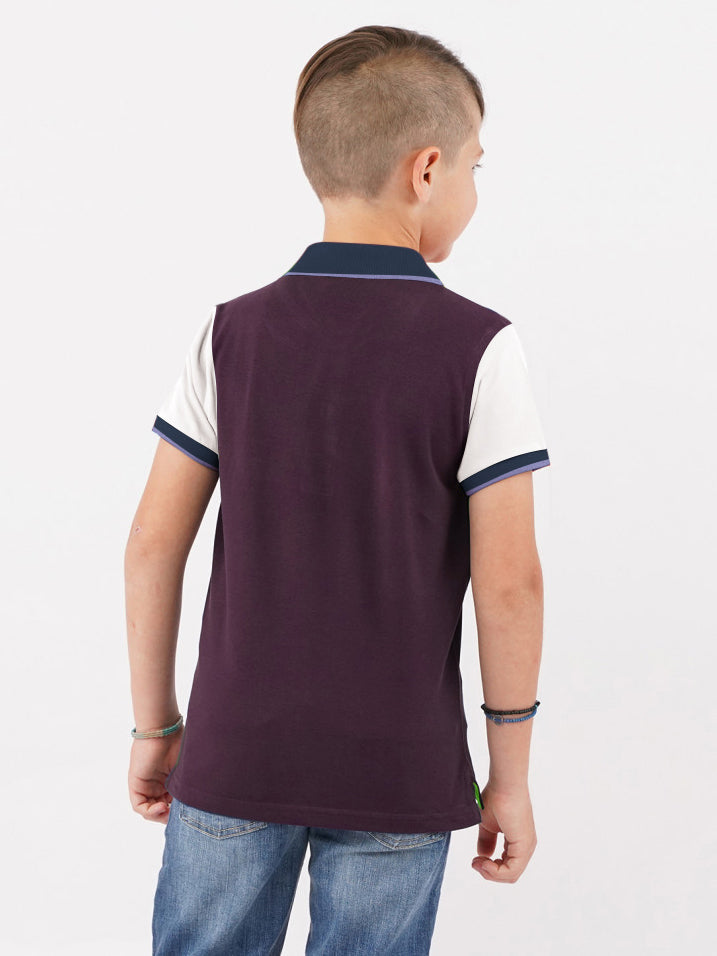 Champion Single Jersey Polo Shirt For Kids-Maroon with Off White & Navy Melange Panels-BE14641
