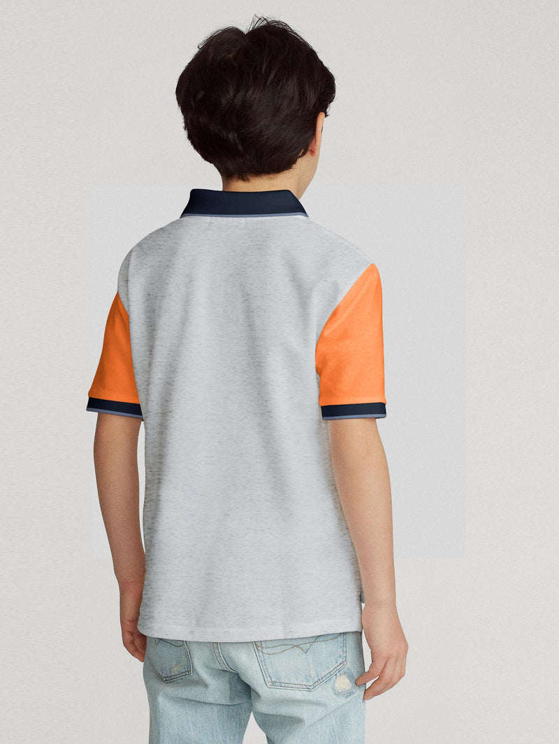 Champion Single Jersey Polo Shirt For Kids-Grey Melange with Orange & Navy Panels-BE14549