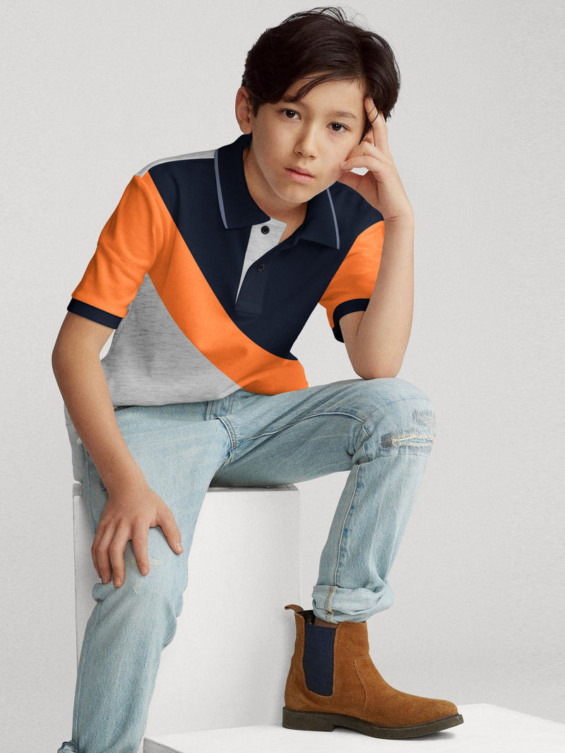 Champion Single Jersey Polo Shirt For Kids-Grey Melange with Orange & Navy Panels-BE14549