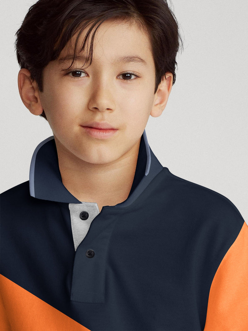 Champion Single Jersey Polo Shirt For Kids-Grey Melange with Orange & Navy Panels-BE14549