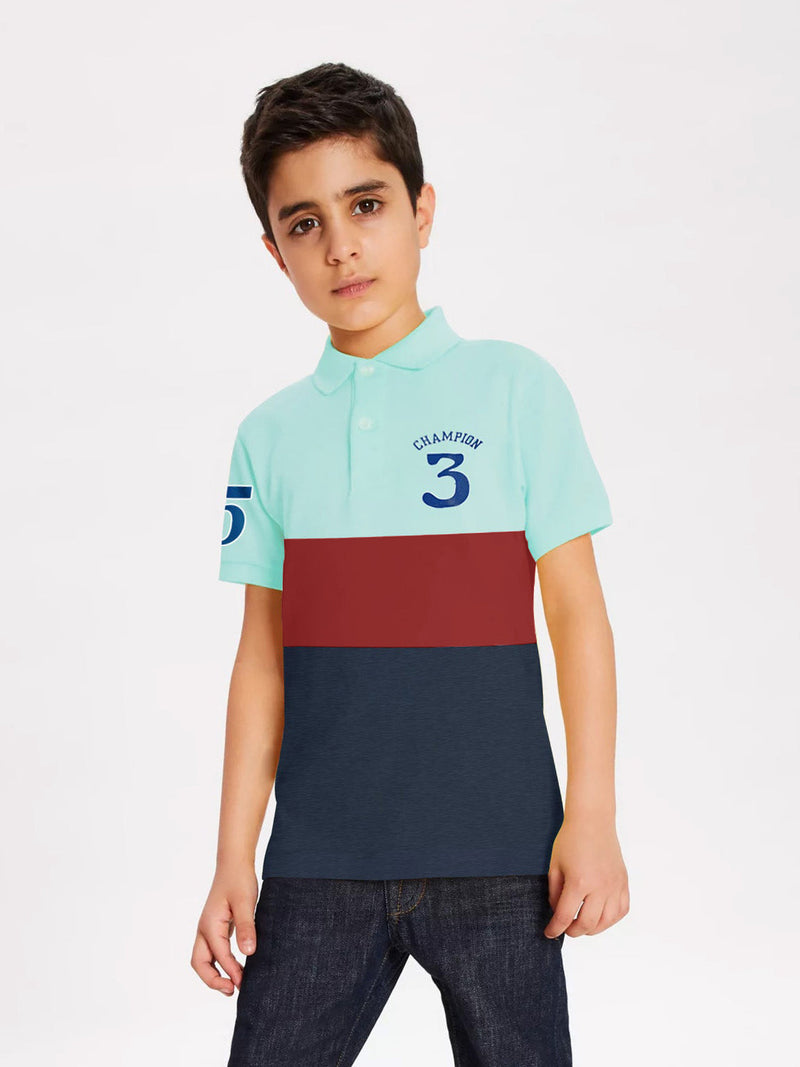 Champion Single Jersey Polo Shirt For Kids-Light Sea Green & Red with Navy Melange Panels-RT2402