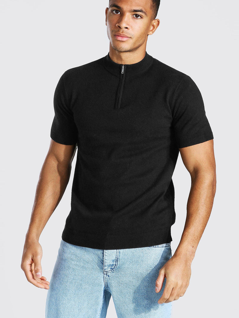 Sixteen Fashion Short Sleeve Half Zip Turtle Neck Sweater-Black-RT2198