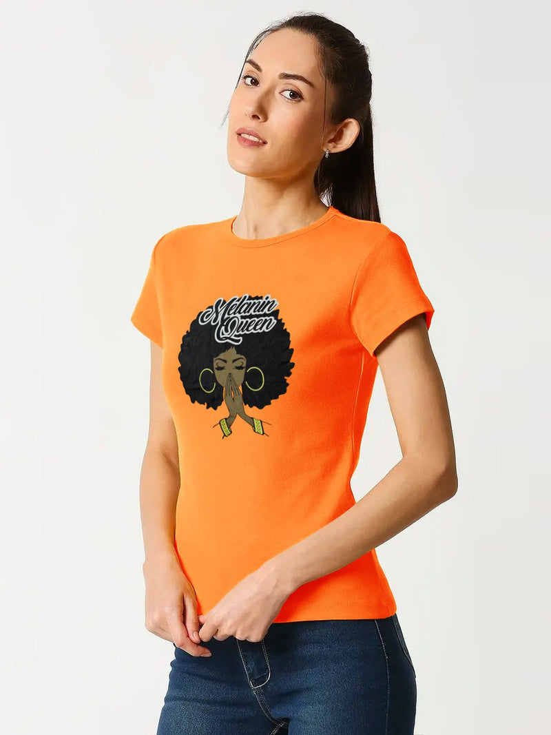 Here Kitty Cap Sleeve Crew Neck Tee Shirt For Ladies-Orange-AN2483