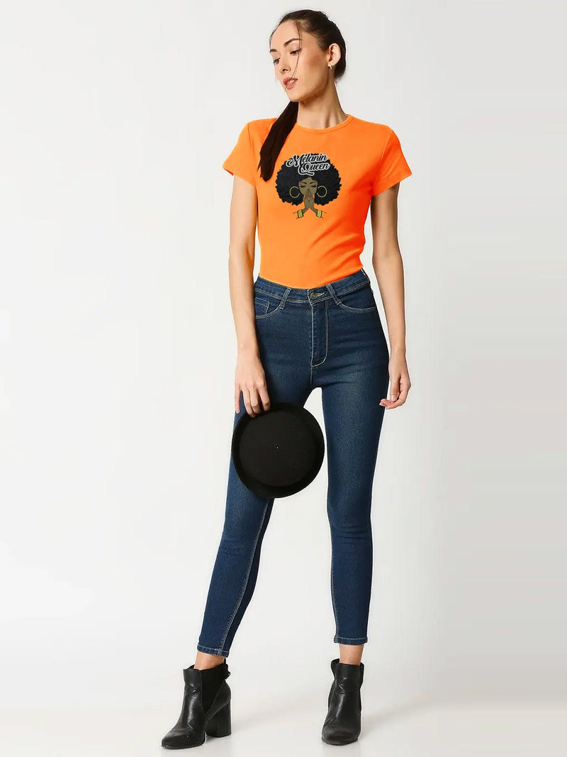 Here Kitty Cap Sleeve Crew Neck Tee Shirt For Ladies-Orange-AN2483