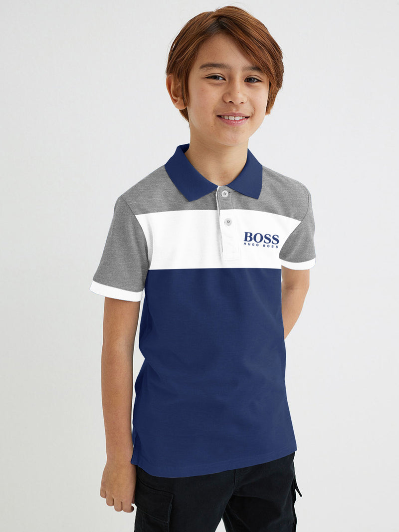 HB Summer P.Q Polo Shirt For Kids-Navy With White & Grey-RT278