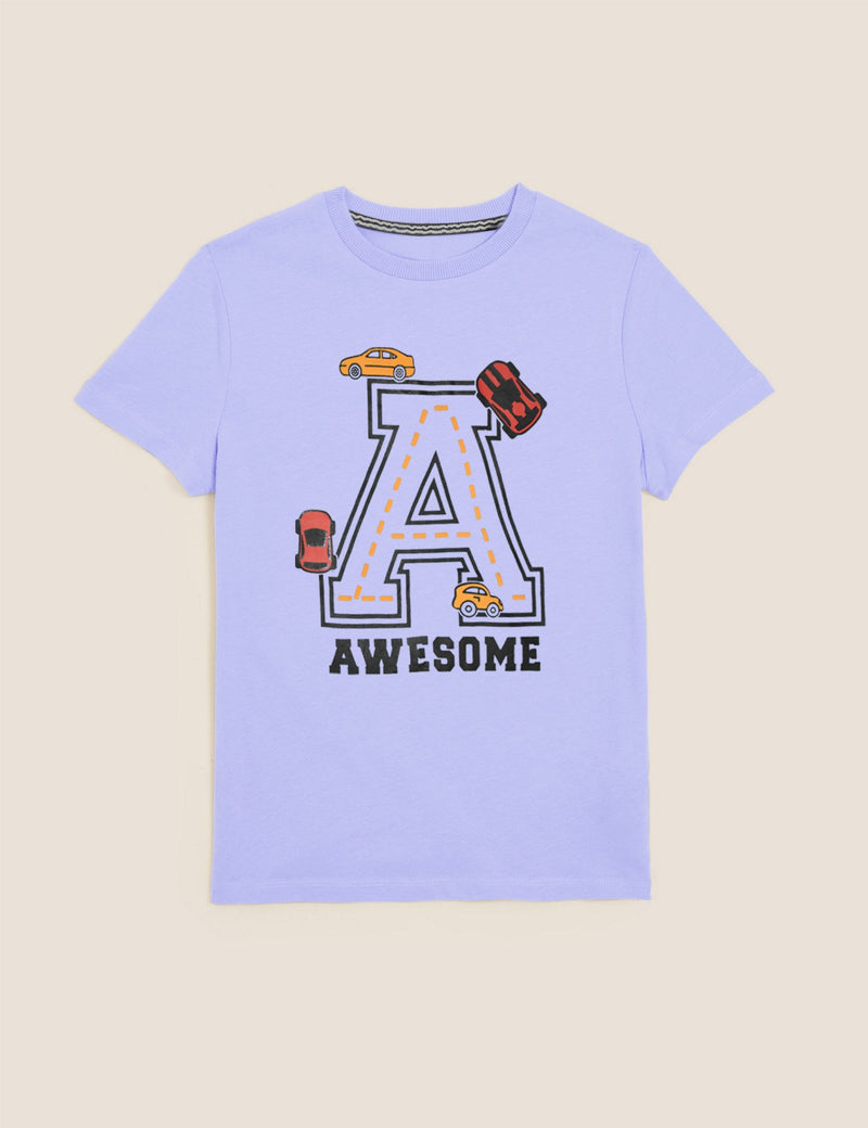 Summer Single Jersey Crew Neck Tee Shirt For Kids-Light Blue With Print-BE17029