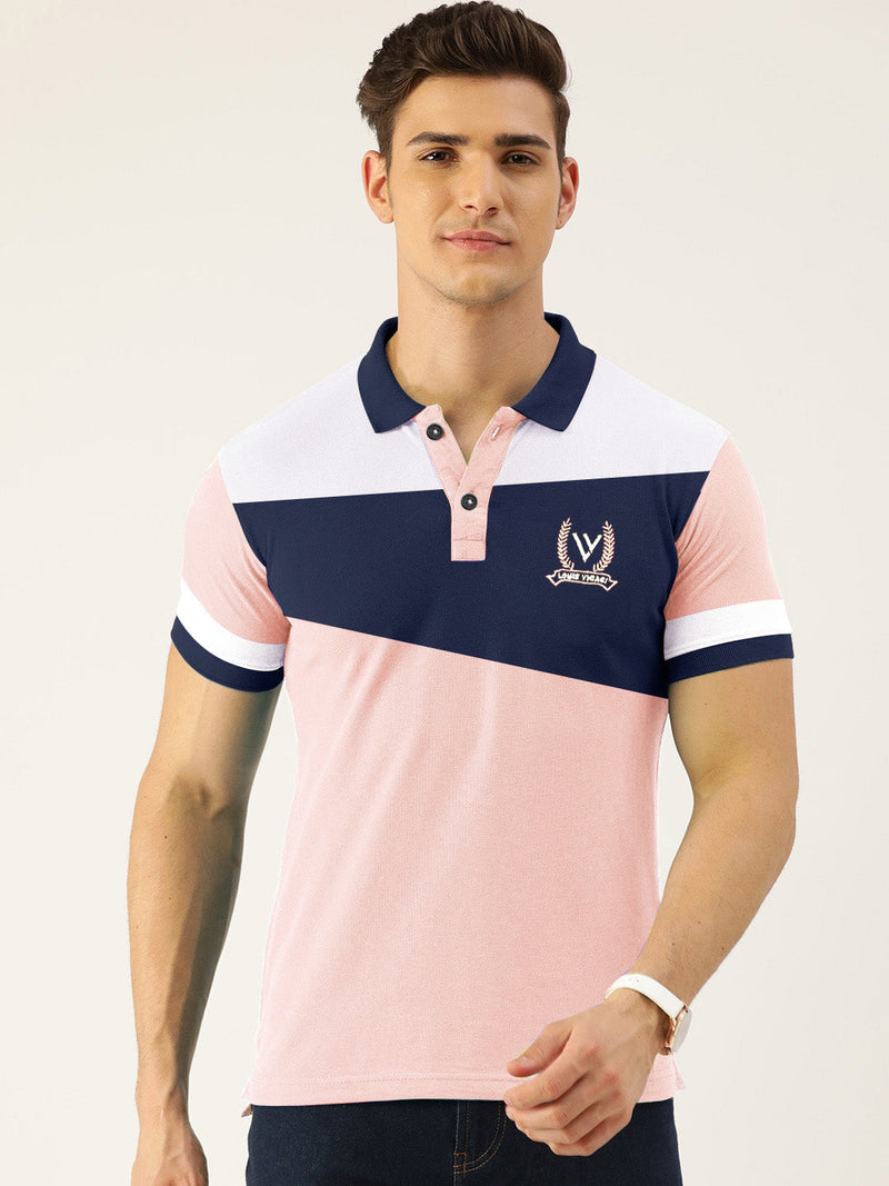 Summer Polo Shirt For Men-Light Pink With Navy & White-RT361