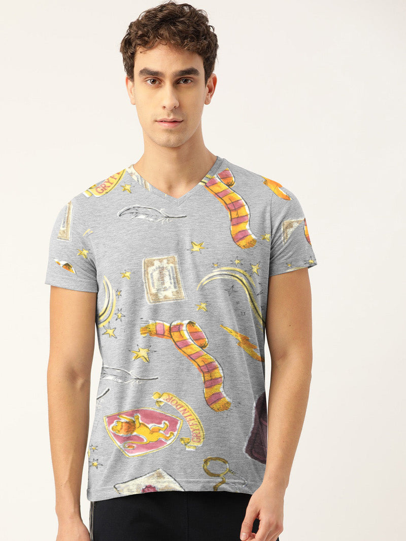 M-17 Single Jersey V Neck Tee Shirt For Men-Grey Melange with Allover Print-RT2484
