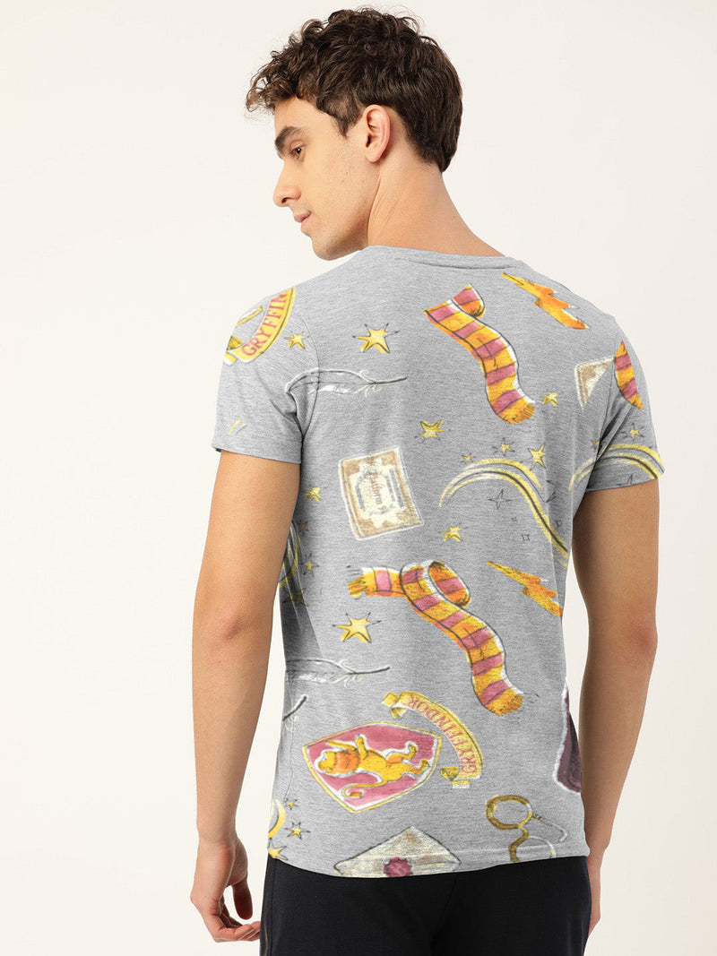 M-17 Single Jersey V Neck Tee Shirt For Men-Grey Melange with Allover Print-RT2484
