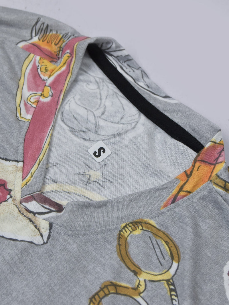 M-17 Single Jersey V Neck Tee Shirt For Men-Grey Melange with Allover Print-RT2484
