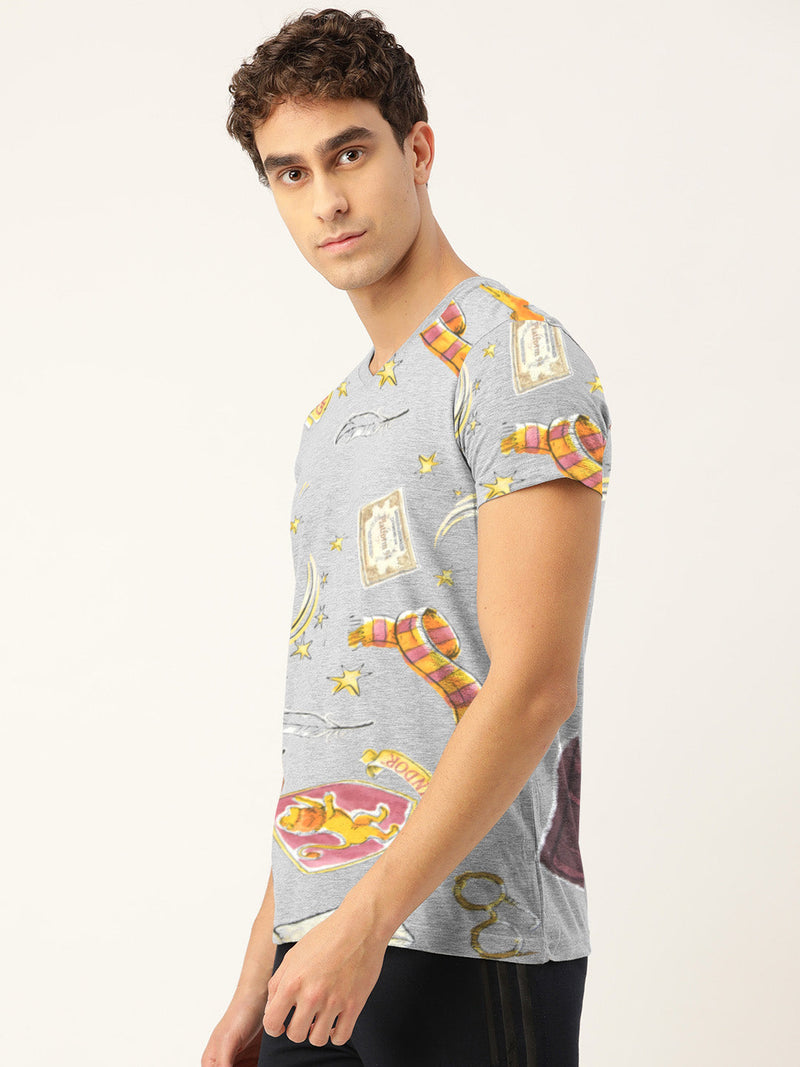 M-17 Single Jersey V Neck Tee Shirt For Men-Grey Melange with Allover Print-RT2484