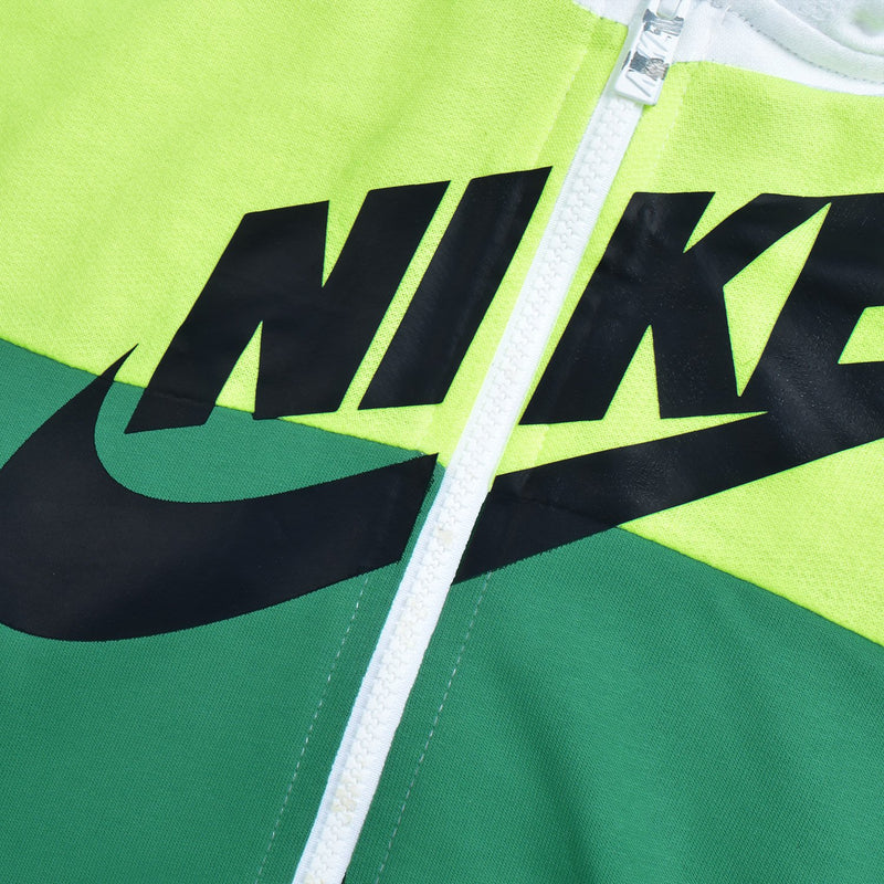 NK Fleece Zipper Hoodie For Men-White with Green Panels-BR14345