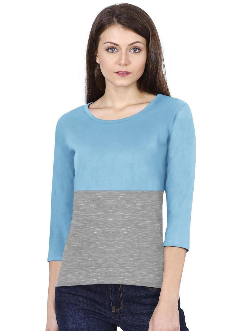 Popular Crew Neck Viscous Tee Shirt For Women-Sky & Grey Melange-RT596