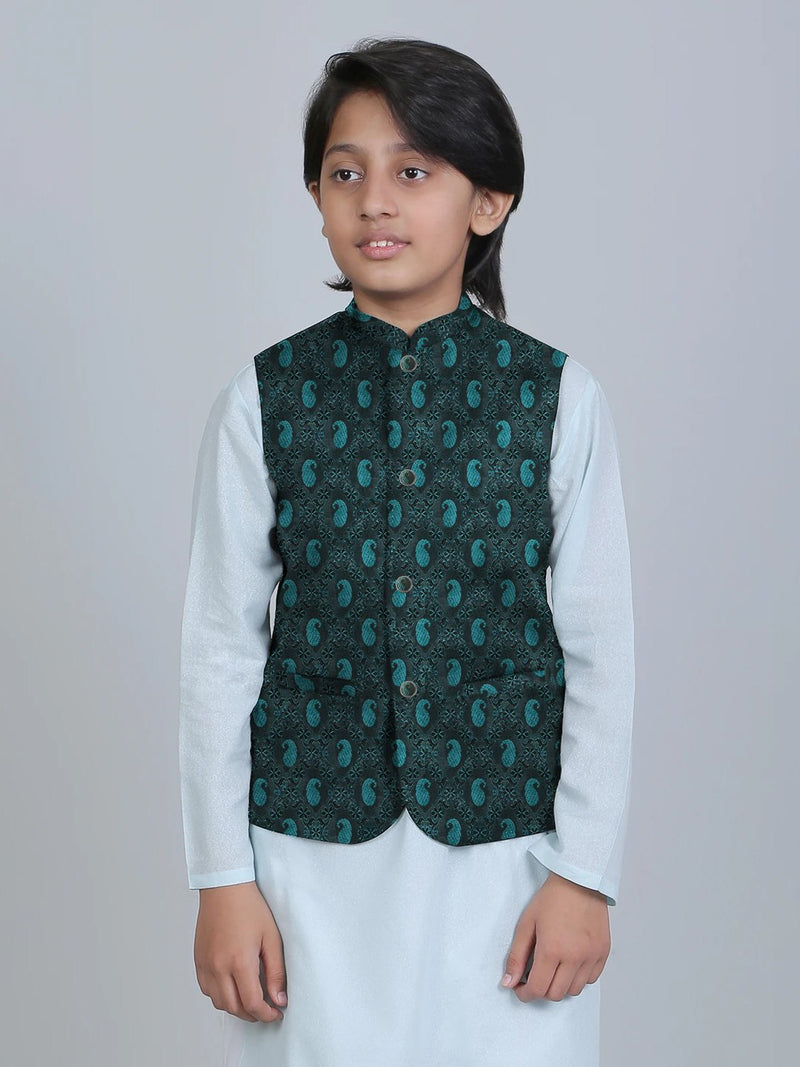 Premium Quality Stylish Jamawar Waistcoat For Boys-Cyan Green-RT958